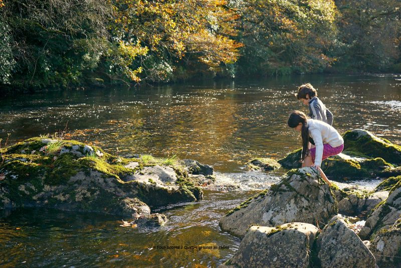 two-children-crossing-river-rocks-autumn-sunshine