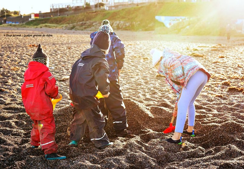 four-children-digging-beach-winter-sunlight