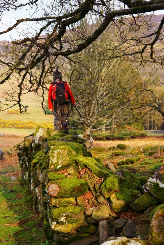 boy-backpack-walking-stone-wall-moss-tree-branches